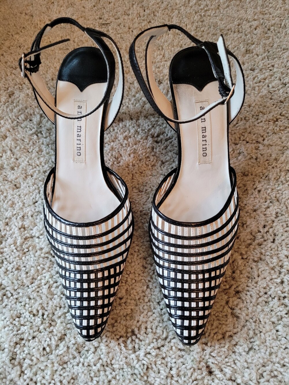 Vintage Ann Marino Leather Woven Black & White Pointed-Toe Ankle-Strap Heels 6